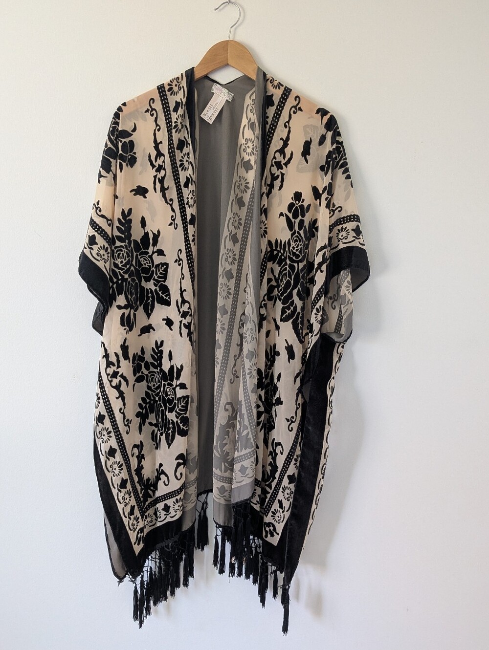 Free People Night Bird Burnout Black Tan Floral Velvet Tassel Kimono Duster - Picture 2 of 9